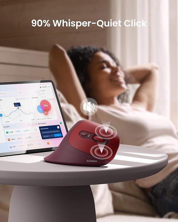 seenda Ergonomic Vertical Mouse with Jiggler - Bluetooth + 2.4G USB Multi Device, Wireless Ergo Mice, Jiggler Mouse Mover for Laptop/PC/Notebook, Computer Mice for Windows, Mac OS (Wine Red)