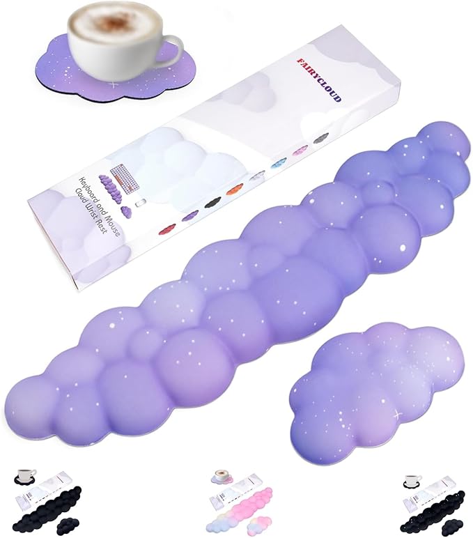 Cloud Wrist Rest Set for Keyboard and Mouse, Includes Cute Coaster, with Computers and Laptops（Purple Star Set）
