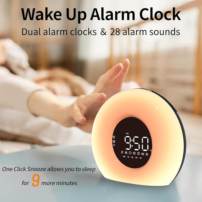 Wake Up Light Sunrise Alarm Clock with Sunrise Sunset Simulation 23 Nature Sleep Sounds 13 Colors Night Light Dual Alarms Snooze Function Sleep Aid for Heavy Sleepers Kids Adults (Black)