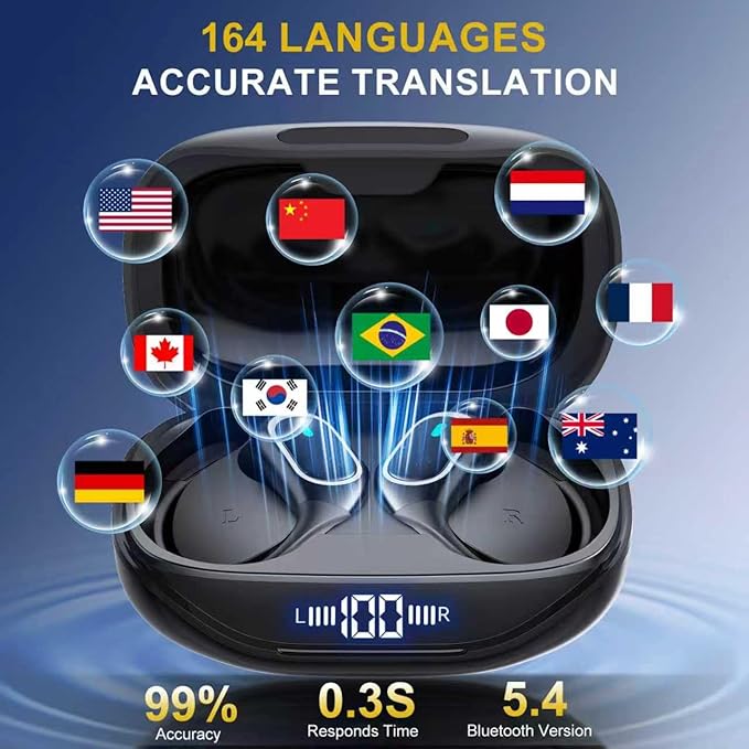 Translation Earbuds, 164 Languages Ai Translation Earbuds Real Time, Bluetooth 5.4 Translator Device,Noise Cancelling,70 Hours Battery, Translation Headphones for Travel&Business&Study, Black