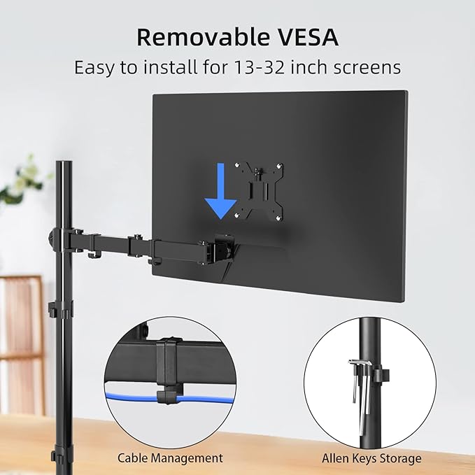 Suptek Single Monitor Arm Desk Mount Fully Adjustable Monitor Stand for 1 / One Screen up to 32 inch Extra Tall 31.5 inch Pole,Black (MD6821)