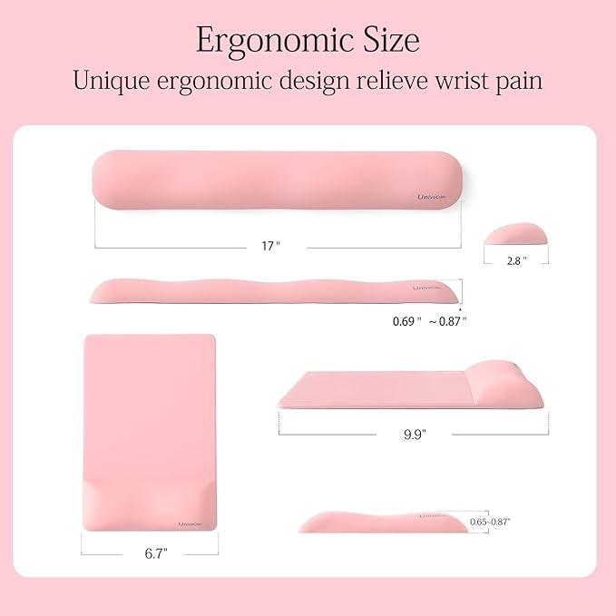 UnivoColors Design-Wave Set of Keyboad Wrist Rest & Mouce Pad,Artificial Sheepskin+Memory Foam+Ergonomic+Anti-Slip Gel, Resilience Support During Work and Gaming,Keyboard Accessory,Pink,N