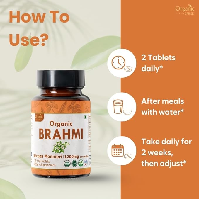 Brahmi 120 Tablets – USDA Organic Bacopa Monnieri Supplement – Supports Focus, Calm & Memory – Herbal Nootropic* - Pack of 2