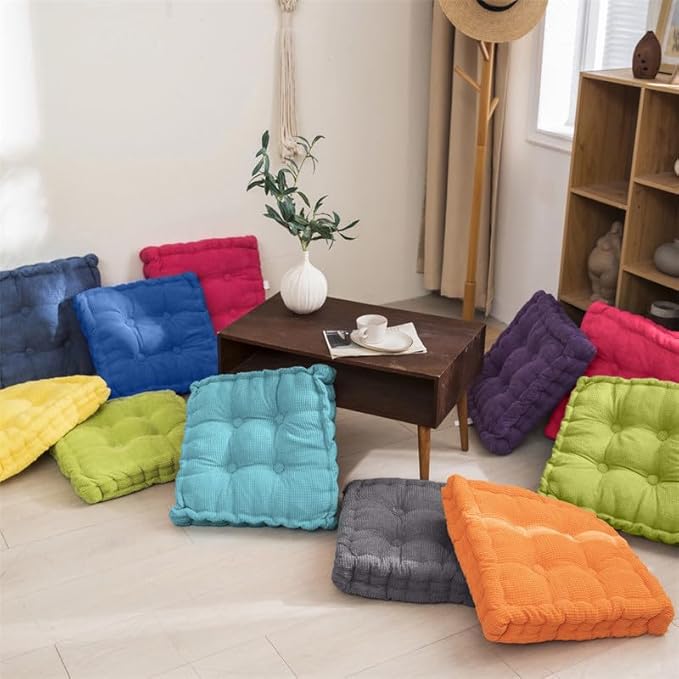 Meditation Floor Pillow Set of 2 Large Square and Round Floor Cushions for Adults Ivory Corduroy Floor Seat Pillows Cushion for Living Room Balcony Tatami Yoga,18x18 Inch