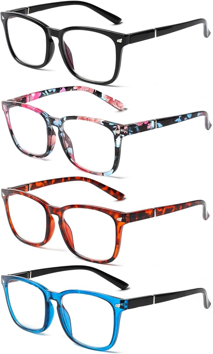 Henotin 4-Pack Blue Light Blocking Reading Glasses Women Men,Spring Hinge Computer Readers,Anti UV Ray Square Nerd Eyeglasses (Mixed Color-C, 2.50)