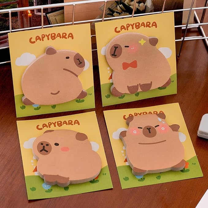 Cute Capybara Funny Sticky Notes Set 4 Shapes: Relaxed, Looking Back, Happy, Shy, 30 Sheets/Pad, Perfect for Office Home School Teacher
