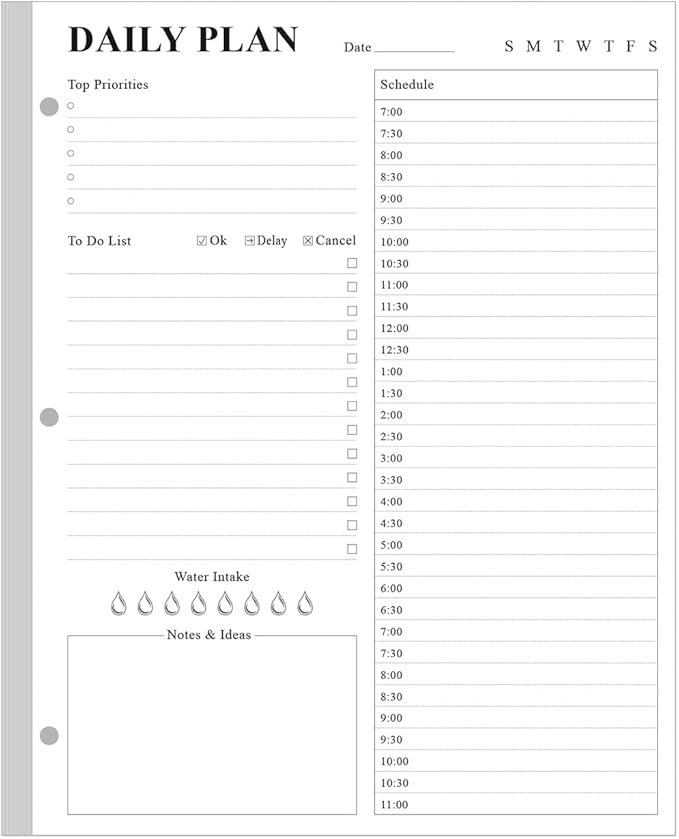 Undated Daily Planner Refill - A4 Planner Inserts, To Do List Refills, 100 Sheets/200 Pages Planner and Lined Refill, 3 Hole Punched, 100 gsm White Paper, 8.5'' x 11''
