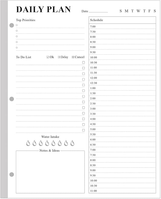 Undated Daily Planner Refill - A4 Planner Inserts, To Do List Refills, 100 Sheets/200 Pages Planner and Lined Refill, 3 Hole Punched, 100 gsm White Paper, 8.5'' x 11''