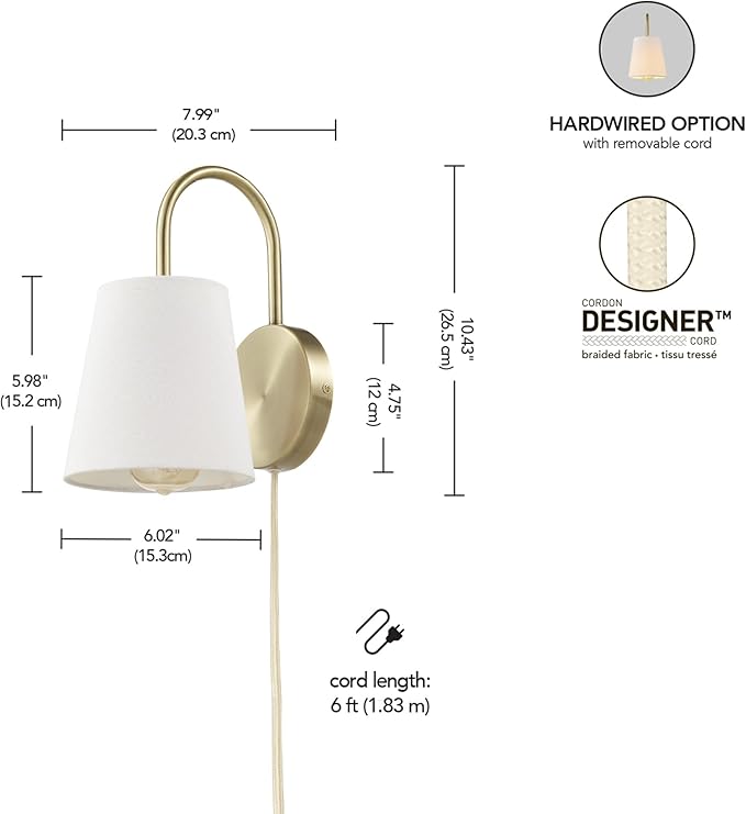 GLOBE Electric x Novogratz 65000053 1-Light Hardwire or Plug-in Wall Sconce, Matte Brass, White Textured Shade, Arched Arm, Lighting, Home Decor, Lights for Bedroom Plug in