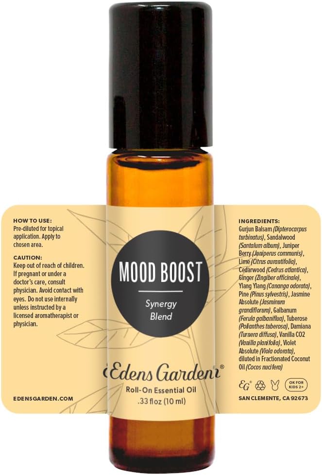Edens Garden Mood Boost Essential Oil Roll-On Blend- 100% Pure Premium Grade, Natural, Therapeutic, Aromatherapy, Kid & Skin Safe, The Best for Comfort, Relxation Pre-Diluted 10 ml (.33 fl oz)