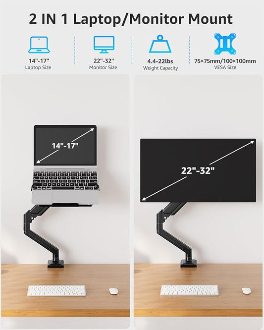 MOUNTUP Laptop Stand for Desk, 2-in-1 Monitor Mount with Laptop Tray Holds 4.4-22lbs, Adjustable Laptops Arm Mount for Max 17" Notebook & 32" Monitor, Laptops Desk Arm with Clamp/Grommet
