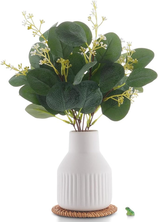 Artificial Eucalyptus Greenery Stems in Ceramic Vase,10Pcs Fake Plants Eucalyptus Leaves faux Plants for Centerpiece Table Decorations Home Room Decor office desk decor Greenery Decor indoor (White)