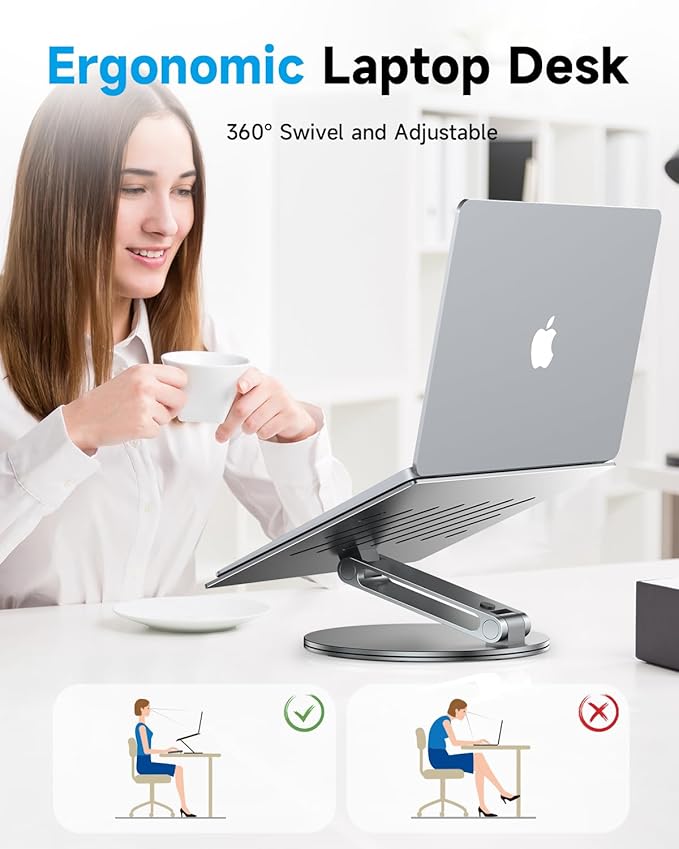 Adjustable Laptop Stand for Desk, 360° Rotating Aluminum Computer Stand with Cooling Vents, Ergonomic & Foldable Notebook Riser, Compatible with MacBook Pro/Air, Dell XPS, HP 10-16”