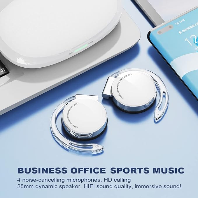 On Ear Headphones Bluetooth V5.3, Clip on Headphones Wireless, Open Ear Headphones with Earhooks, Sports Headset Bluetooth with 4 Microphones, Noise Cancelling/Long Battery Life/with Charging Case