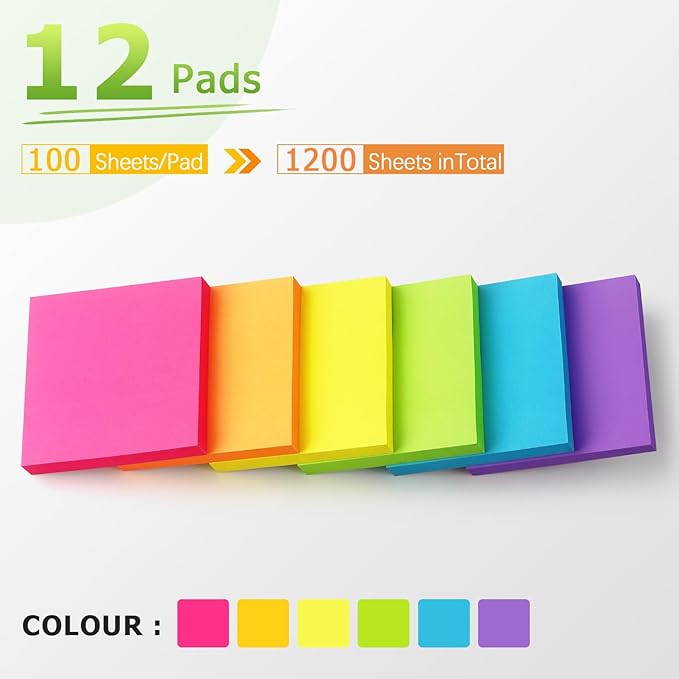 Sticky Notes 3x3 inch, Bright Colors Self-Stick Pads, 12 Pads/Pack, 100 Sheets/Pad, Total 1200 Sheets