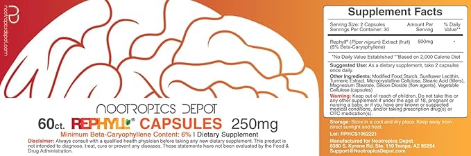 Nootropics Depot Rephyll Capsules | 250mg | 60 Count | 6% Beta Caryophyllene | Piper nigrum | Supports Discomfort Relief* | Supports Joint Function*
