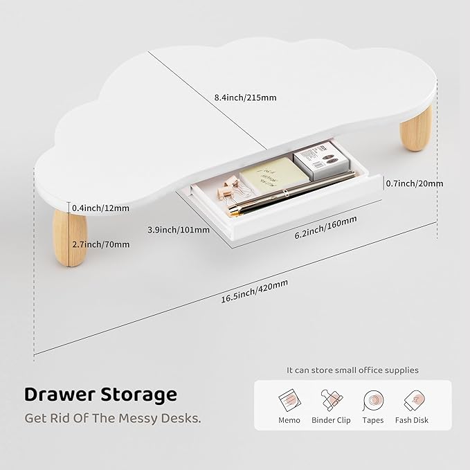 Cloud-Shaped Sturdy Wood Computer Monitor Stand Riser With Drawer, Multi-Purpose Desktop Organizer