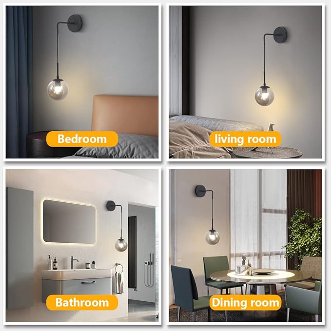 BOKT Modern Smoke Gray Glass Ball Wall Sconce Lighting Mid Century Matte Black Wall Mount Light Fixture Vanity Globe Bathroom Wall Lamp (Black+Smoke Gray)