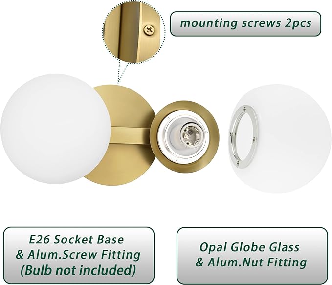Bathroom Vanity Light Fixtures, Modern 2 Lights Globe Wall Sconce Lighting Aged Brass, Porch Wall Mount Light Fixture for Bathroom, Mirror Cabinets Hallway Stairs