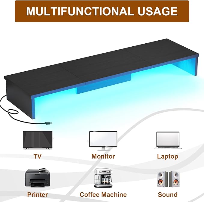 Dual Monitor Stand Riser for Desk with LED Lights, Large Computer Monitor Stand for 2 Monitors, Desk Shelf for Top of Desk, Desktop Organizer for Computer, Laptop, Printer, TV
