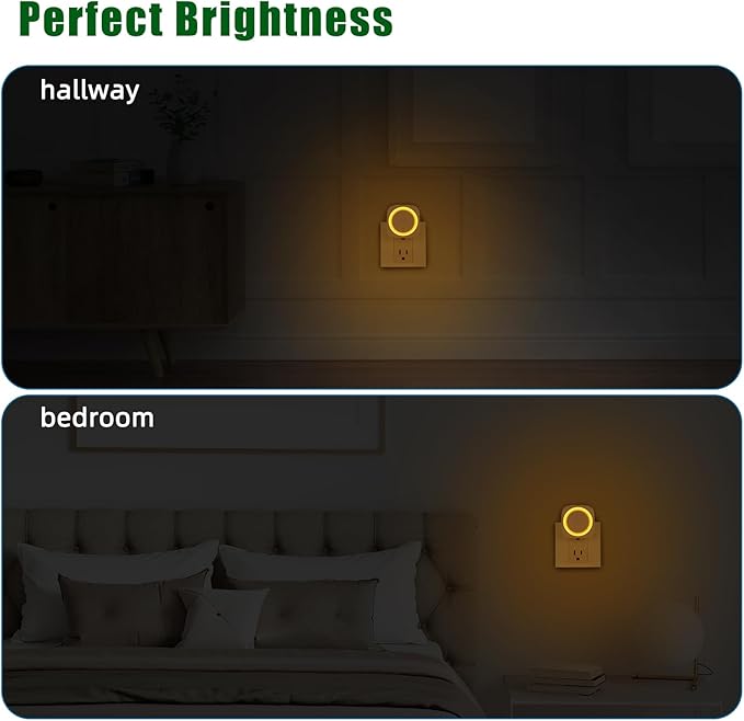 LED Night Lights Plug into Wall, Indirect Soft Dimmable Night Light with Dust to Dawn Sensor, Amber Nightlight for Bedroom,Bathroom,Kitchen,Stairs,Hallway,Travel, 4 Packs, Amber