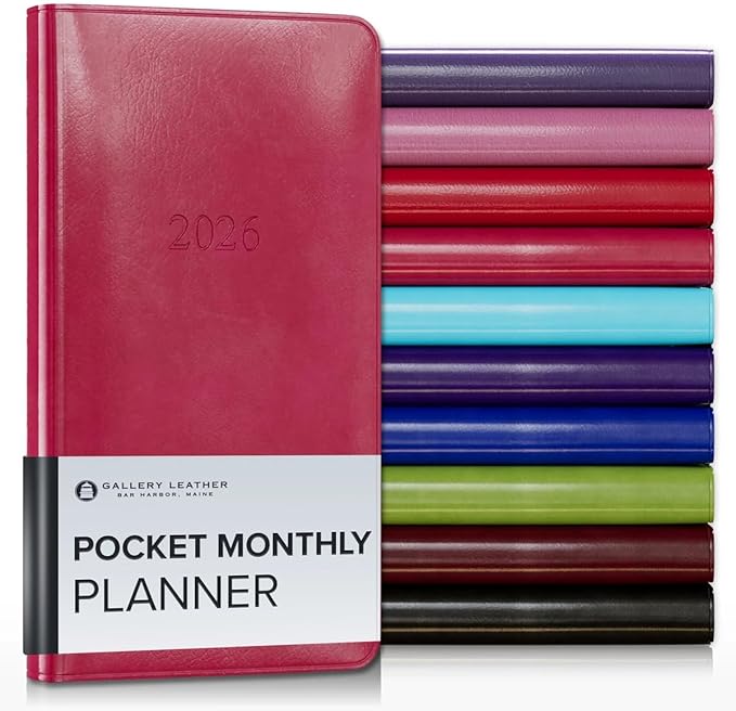 Gallery Leather Pocket Monthly Planner 2025-2026, Elegantly Bound Calendar Planner and Notebook with Stylish Gold-Gilded Page Edges, 18 Months - Acadia Wild Rose - 6x3.25"