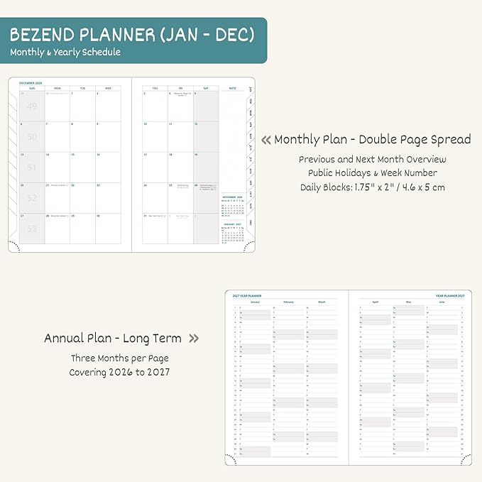 BEZEND 2026 Planner Weekly and Monthly (8.5" x 11") Daily Calendar with Half-Hourly Timeslots & Tab (Jan-Dec) Note & Expenses, Pen Holder, Inner Pocket, Vegan Leather Hardcover - Dark Green