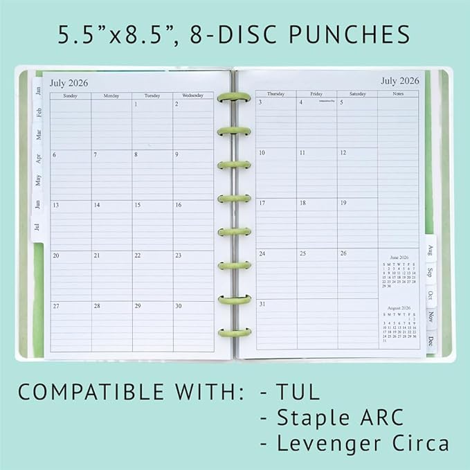 2026 Weekly & Monthly Planner Refill for 8-Discbound Planners, Two Pages Per Week, Junior Size, 5-1/2"x8-1/2"