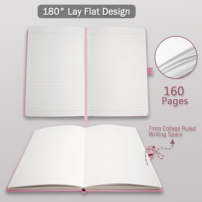 Hardcover Notebooks, A5 Lined Journals Notebook for Writing 160 Pages, 8.2 x 5.5 inch, Classic Ruled Notebooks for College/Work/Travel (Pink, 1 Pack)