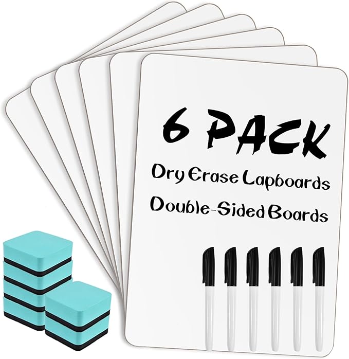 6 Pack Small Dry Erase Boards Classroom Pack 12 x 9 Inch Double Sided Mini White Boards Portable Dry Erase LapBoards for Teacher Supplies with 6 Erasers and 6 Markers