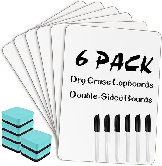 6 Pack Small Dry Erase Boards Classroom Pack 12 x 9 Inch Double Sided Mini White Boards Portable Dry Erase LapBoards for Teacher Supplies with 6 Erasers and 6 Markers
