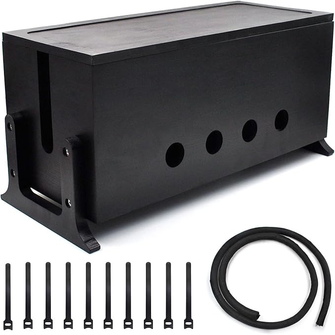 Large Cable Management Box, Wood Cord Hider Box & Organizer for Power Strip Hider Cable Storage for Office, TV Wires, Desk Cord Organizer, 14.2" x 6" x 6.3", Black, Wood