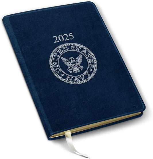 Gallery Leather Desk Monthly Planner 2025, Elegantly Bound Calendar Planner and Notebook with Stylish Gold-Gilded Page Edges, 18 Months - Acadia Navy - US Navy - 8 x 5.5 ”