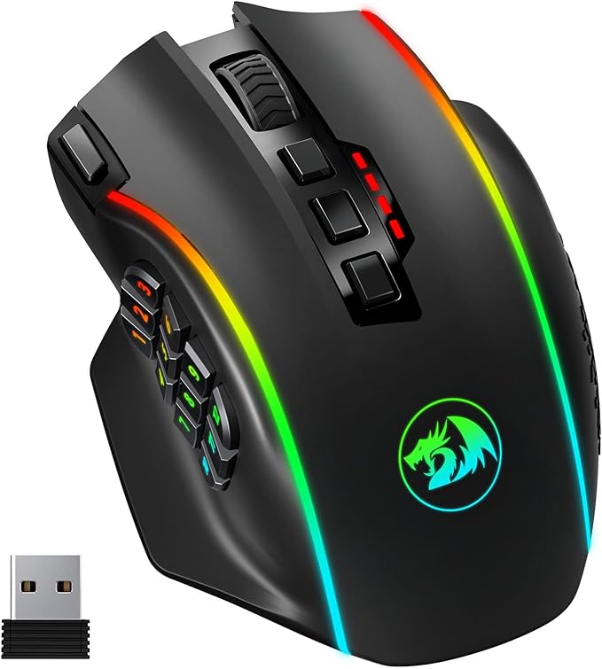 Redragon Wireless Gaming Mouse, MMO Gaming Mouse UP 16,000 DPI, 16 Macro Programmable Buttons, RGB Rechargeable with 12 Side Buttons, 70Hrs for PC Laptop MOBA FPS, M901P-KS