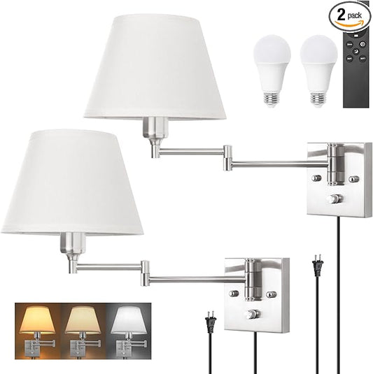 TRLIFE Wall Sconces Plug in, Remote Control Dimmable Wall Sconce and Adjustable Color Temperature 2700K-6500K, Swing Arm Wall Lights with Plug in Cord, 9.4" Medium White Fabric Shade(2 Pack, 2 Bulbs)