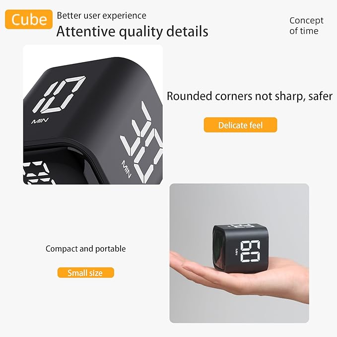 VEWINGL Cube Productivity Timer, 5/10/30/60 Min Presets + Custom Countdown, Silent/Vibrate/Sound Alarm, Pause & Resume, Desk Timer for Work, Study, Tasks, Kitchen