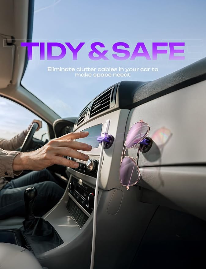 10-Pack Magnetic Cable Clips [1S Snap-On] Cord Holder, LISEN Office Desk Organizers and Accessories with 5 Extra Strong Adhesive Pads, Wire Organizer for Nightstand, Home, Wall, Car, Desktop, Purple