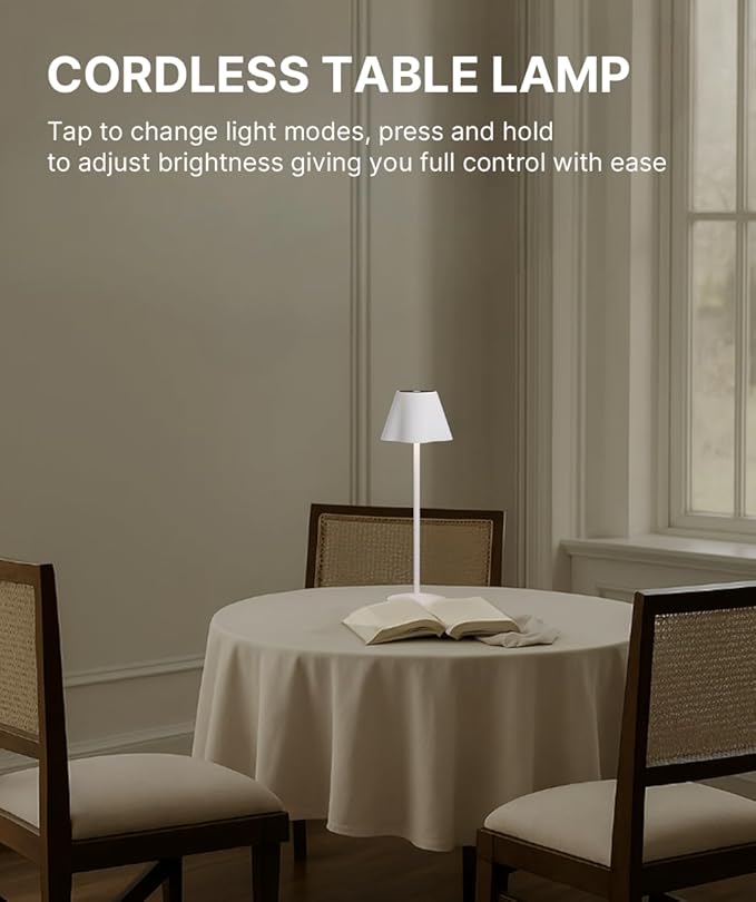 La Luz 13 inch Aluminum Cordless Table Lamps 5200 mAh Battery Operated, 3-Way Dimmable USB-C Port Rechargeable 3.5W Touch Light LED Lamp for Bedroom/Patio/Reading/Desk White