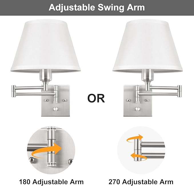 TRLIFE Wall Sconce Plug in, Dimmable Wall Sconces Set of 2 Brushed Nickel Swing Arm Wall Lights with Plug in Cord and On/Off Dimmer Rotary Switch, 9.4" Medium White Fabric Shade(2 Pack, 2 Bulbs)