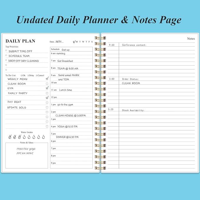Daily Planner Undated - B5 To Do List Notebook Hourly Schedules, Spiral Appointment Planner for Women and Men, PVC Hardcover, Inner Pocket, Elastic Closure, 7" x 10", Blue Watercolor