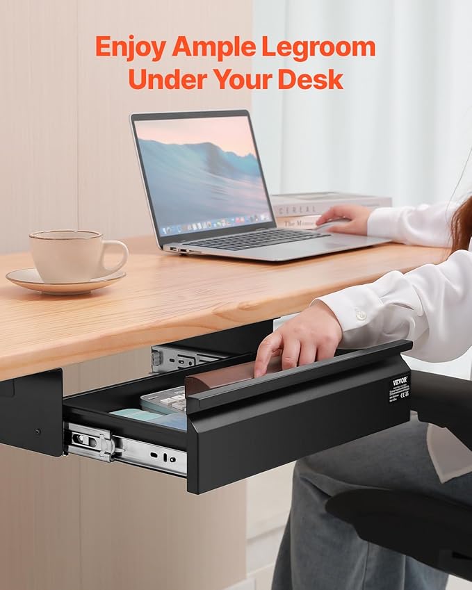 VEVOR Under Desk Drawer Slide Out, 16 inch Attachable Desk Drawer for Sit Stand Workstation, Hidden Under Counter Drawers for office Home, Black