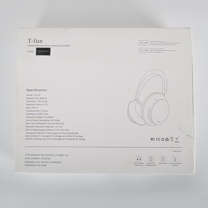 T-fun NC35 Hybrid Active Noise Cancelling Headphones, 360° Spatial Audio with Head Tracking, Over Ear Headphones Wireless Bluetooth 5.3, 55H ANC Playtime, Deep Bass, Custom EQ via App, for Travel Home