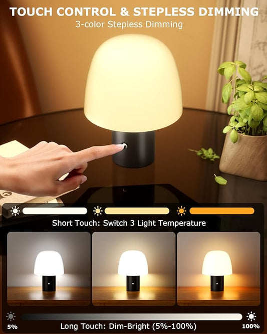 Portable LED Table Lamp, Cordless Desk Lamp Rechargeable, 3-Color Touch Stepless Dimming Night Light for Bedroom/Children's Room/Terrace/Dining Room/Cafe (Black)