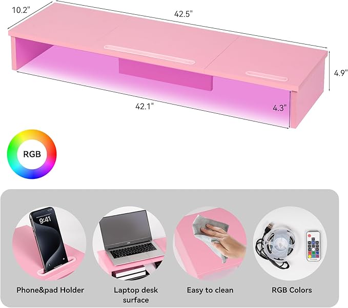 TV Riser Stand with LED Lights, 42.5in Super Large Monitor Stand with Phone Tablet Holder, Tabletop TV Stand Riser for Desk, Desktop Organizer for Computer, TV, Laptop, Printer