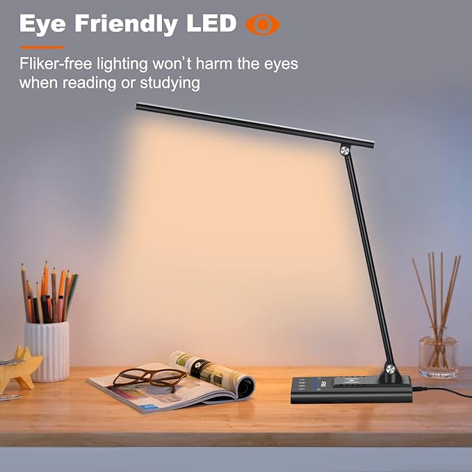 AFROG 5th Gen Multifunctional LED Desk Lamp with 10W Fast Wireless Charger, USB Charging Port,1800Lux Super Bright,5 Lighting Mode,7 Brightness, Touch Control, Auto Timer, 15W Office Table Lamp