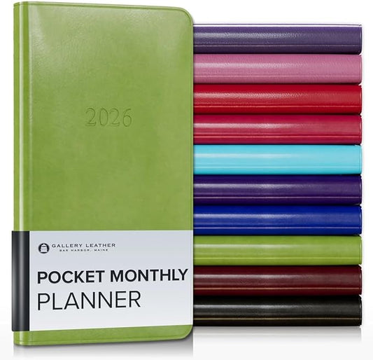 Gallery Leather Pocket Monthly Planner 2025-2026, Elegantly Bound Calendar Planner and Notebook with Stylish Gold-Gilded Page Edges, 18 Months - Acadia Lime - 6x3.25"