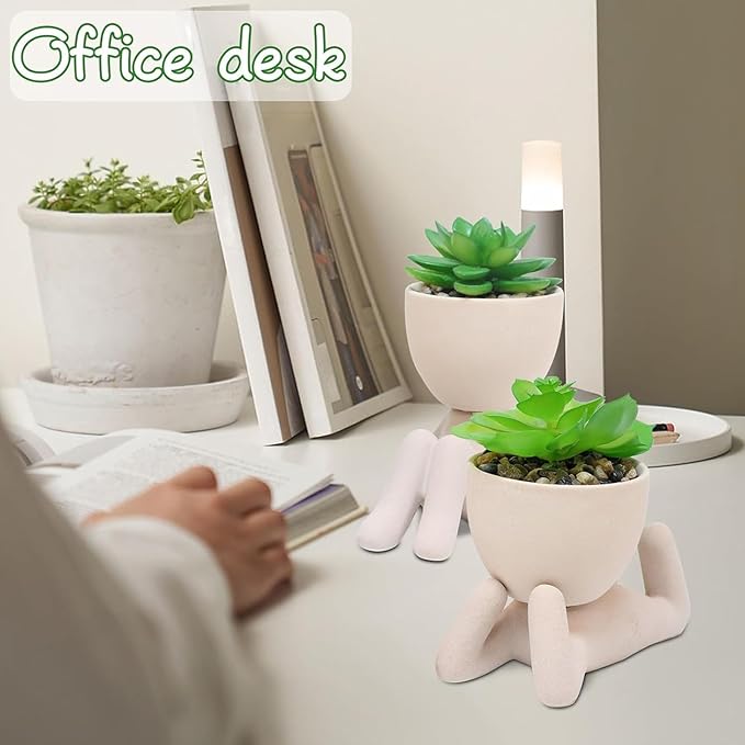 Zerzsy 2PCS Cute Artificial Succulent Plants with Creative Human Shaped Pots, Desk Decoration Artificial Plants Indoor for Home Office Decoration(Cream Color)