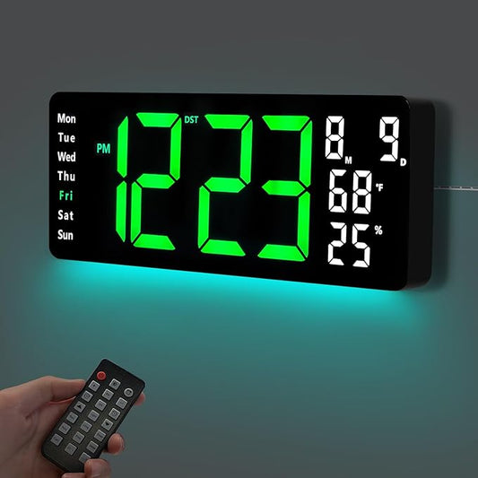 17.5” Digital Wall Clock, LED Display with Time, Date, Month, Temperature & Humidity, Remote Control DST, Alarm, Timer, 10-Level Brightness, Night Light for Home, Living Room, Bedroom & Office Décor
