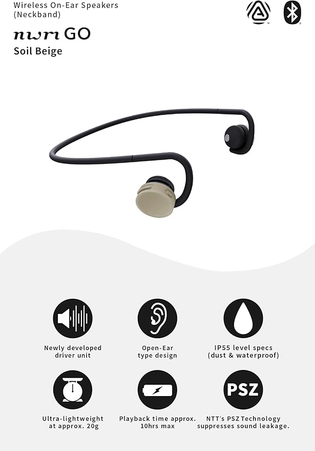 nwm GO Wireless On-Ear Speakers (Open Ear Earphones) Sound Leakage suppressed (PSZ Technology - Bone Conduction Alternative) Designed in Japan | Soil Beige