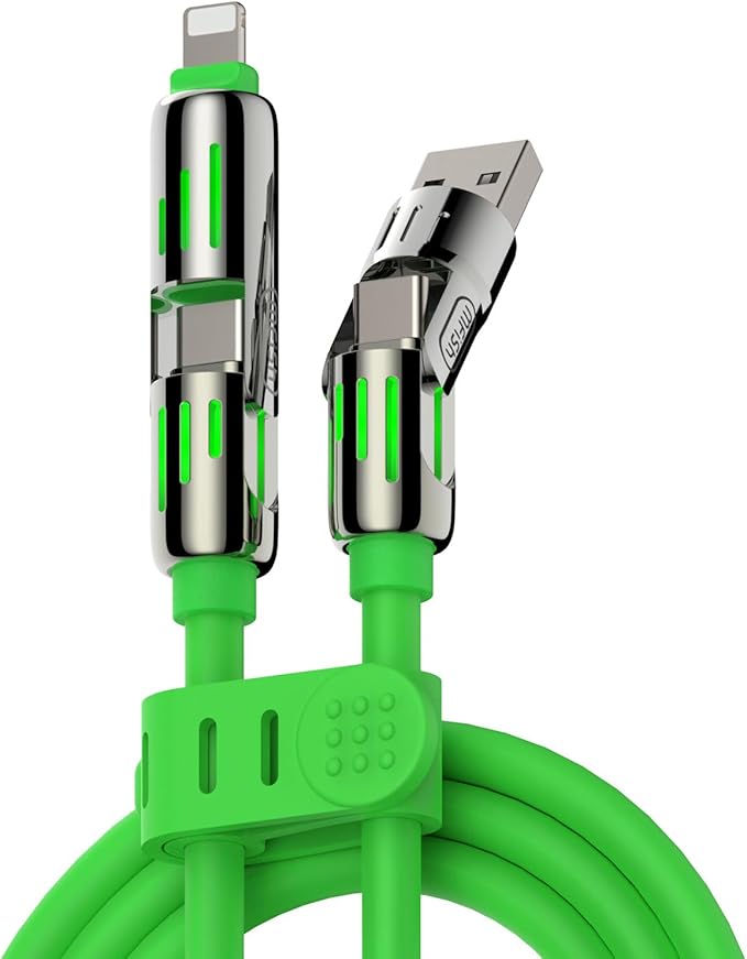 MFish 4-in-1 Universal USB Charging Cable with Carrying Case – 240W Max Fast Charger Cord, USB-A, Dual USB-C & Lighting, for iPhone 14/15/16/17 Series, iPad & MacBook and More (Green, 6.6Ft)